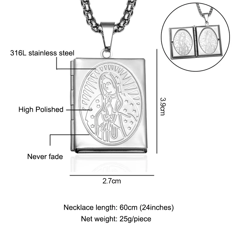 

Прямоугольное ожерелье REN010 из титановой стали, ожерелье с подвеской Богородицы, подвеска в виде открытой книги с рамкой, искусственная религия