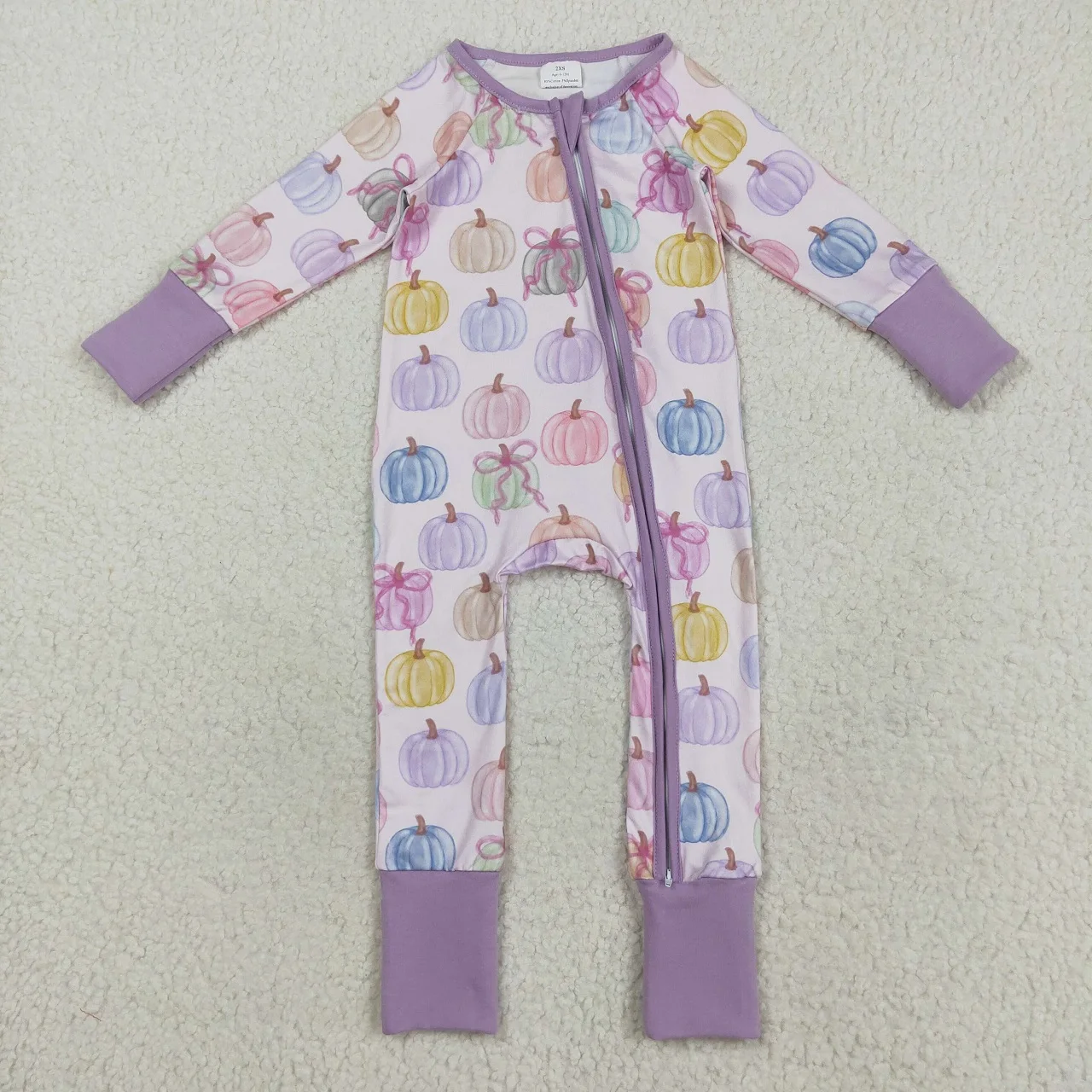 

Wholesale Baby Toddler Thanksgiving Fall Jumpsuit Girl Children Bows Pumpkins Romper Newborn Coverall Kid Purple Zipper Bodysuit