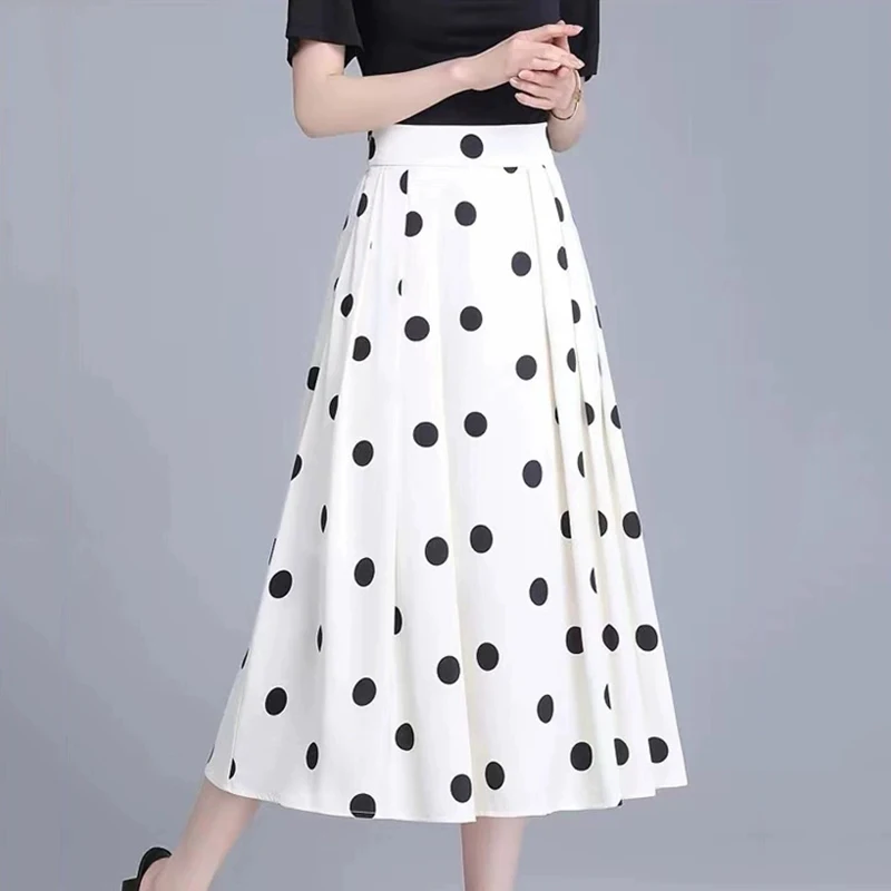 Summer Simple Draped A-Line Skirts Women Fashion Big Swing Dot Solid Midi Skirt Ladies Elegant All Match High Waist Skirt Female