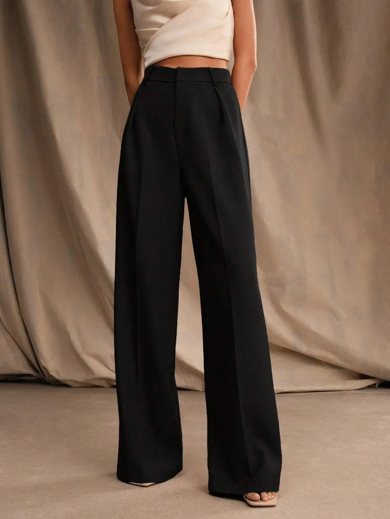 

Women's Plain High-Waisted Straight Wide Leg Pants