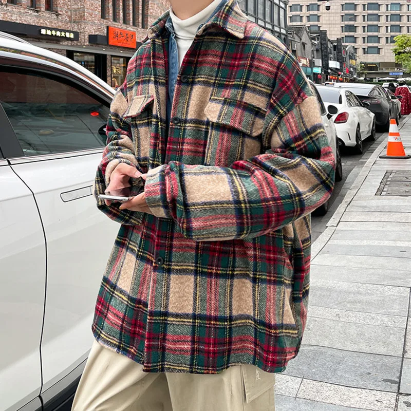 Thick Plaid Woolen Coat Men Warm Oversized Retro Thickened Woolen Jacket Mens Streetwear Korean Loose Short Woolen Coat Men