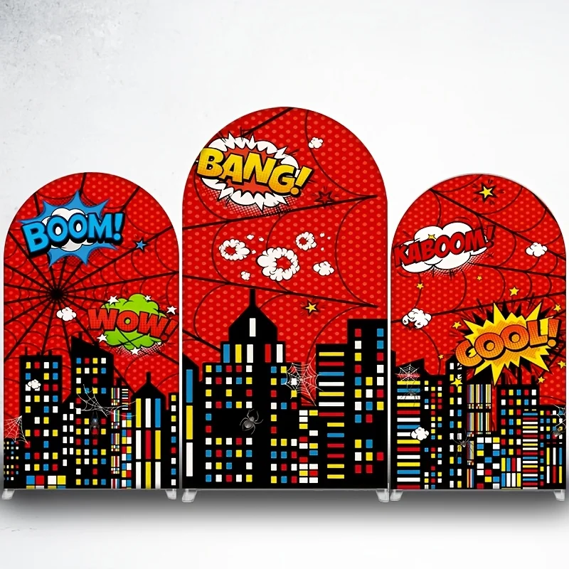 Fondo de fotografía de doble cara con diseño de Spiderman rojo y la ciudad nocturna, para decoración de fiestas de cumpleaños infantiles.
