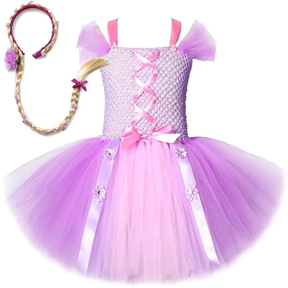

Girls Birthday Christmas Dresses Long-haired Princess Rapunzel Costume Ballet Tutus Outfit with Long braid headband 1-12T