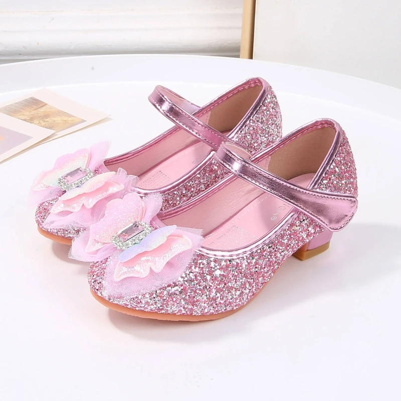 

Детские туфли на высоком каблуке для девочек, весна 2026, кожаные, для свадьбы и вечеринок, роскошные, с бантом из страз и пайетками