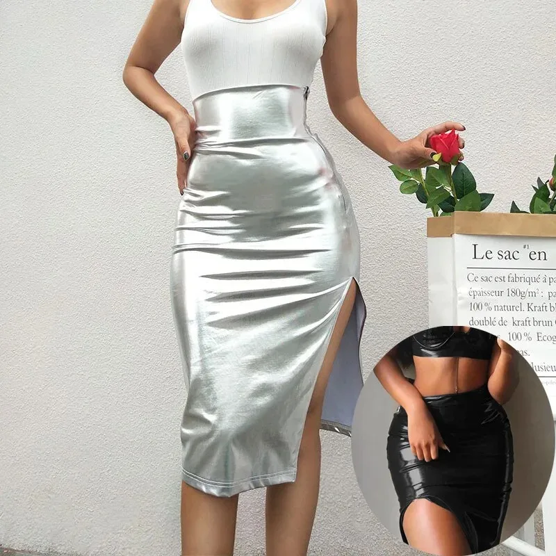

Ins Summer New Silver Shiny Leather Split Skirt High Waist Middle Skirt Bag Hip Skirt