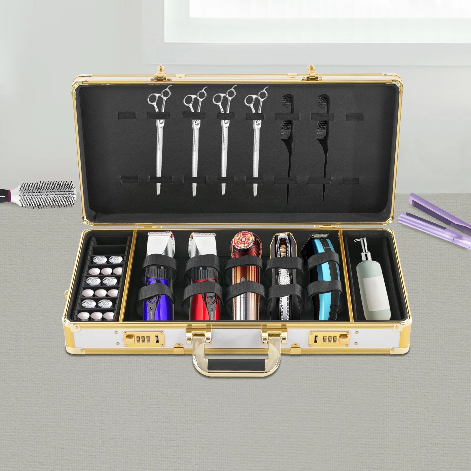 

Barber Carrying Case with Adjustable Shoulder Strap, Combination Lock, and Large Capacity Storage for Hair Styling Tools