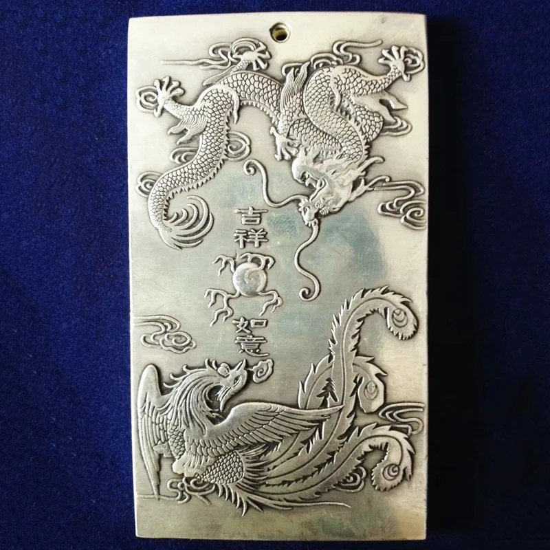 

Изысканная китайская тибетская серебряная статуя с тиснением дракона и феникса, тарелка-амулет