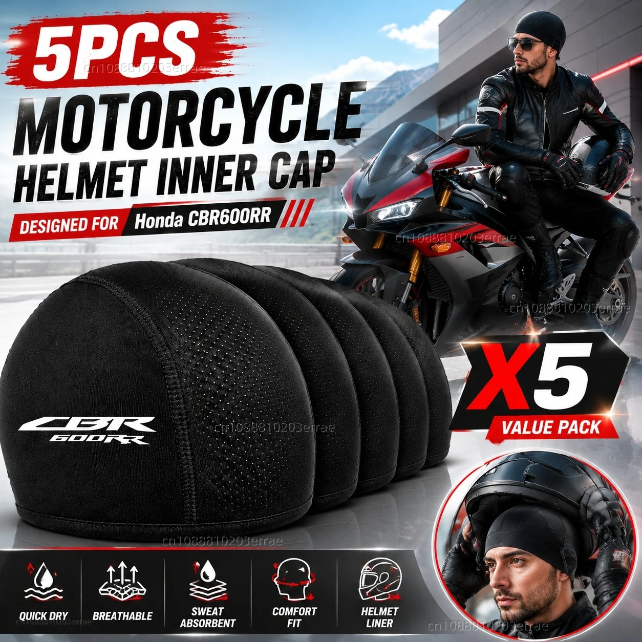5pcs Motorcycle Helmet Inner Cap Hat Quick Dry Breathable Hat Racing Cap Thin Soft Beanie For Honda CBR 600RR CBR600RR 2004-2022