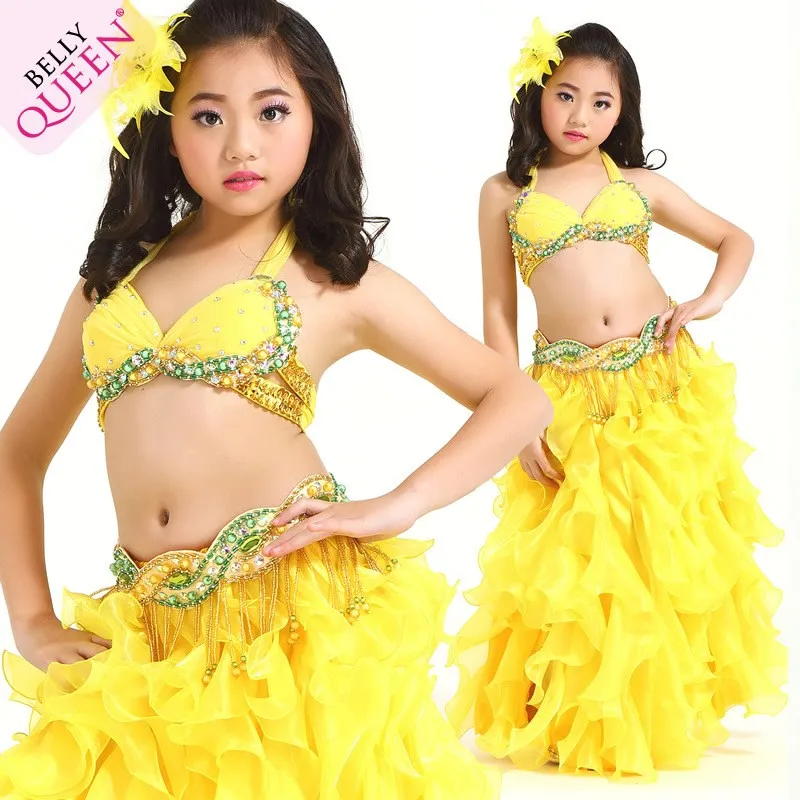 Spersonalizowane nowe stroje do tańca brzucha dla dzieci, zestaw do występów, indyjski strój do tańca dla dziewczynek, sukienka, biustonosz i spódnica.