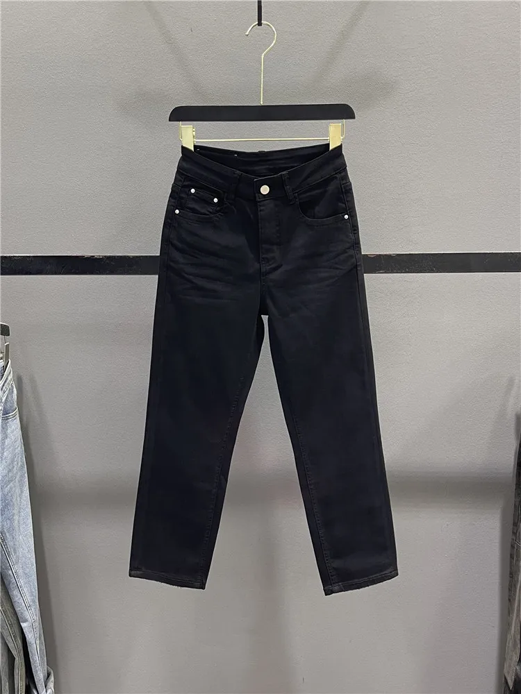 

Black Skinny Jeans Women's Summer Thin Elastic Slimming Casual Small Size Nine Point Straight Leg Pants Cotton Stretch Denim