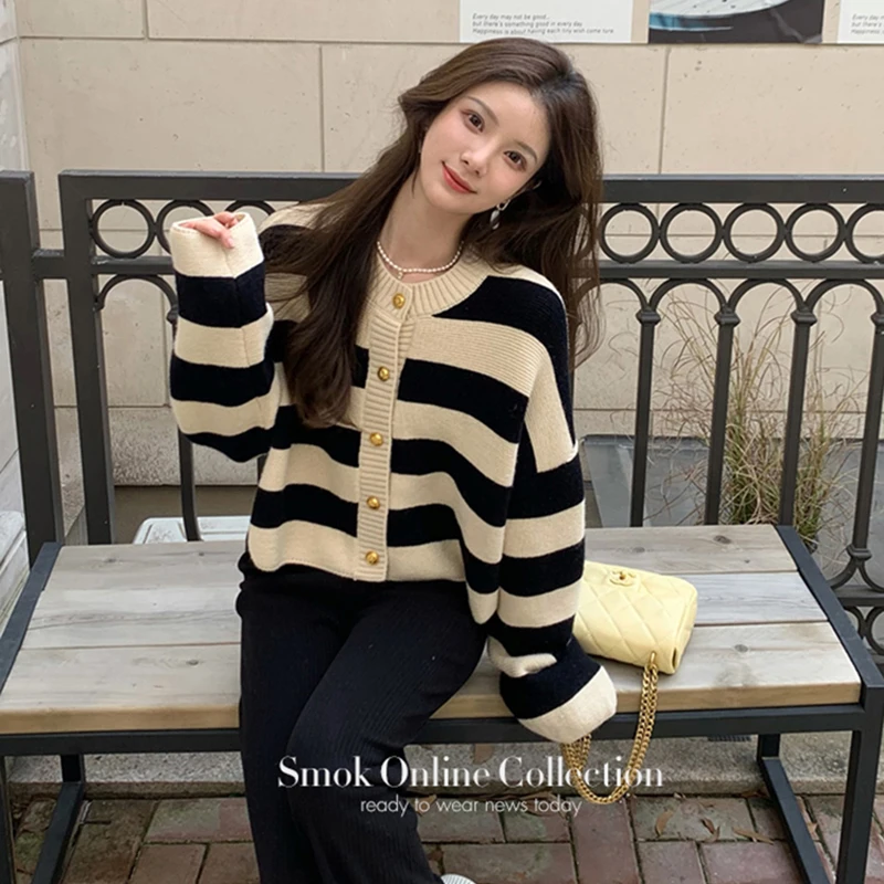 Striped Y2K Women Cardigan Korean Sweet Knitted Retro Long Sleeve Female Sweater Fashion Loose Casual Elegant Ladies Crop Top