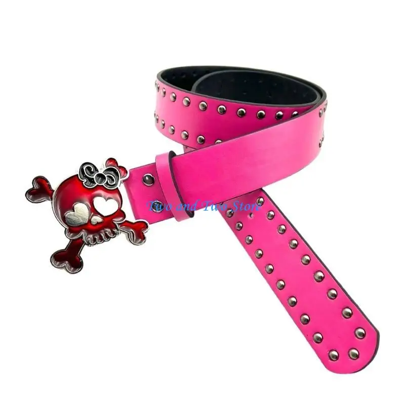 

HX6F Men Women Studded Belt Skull Crossing Bone Printed Belt Casual Pu Leather Belt for Cosplay and Festivals