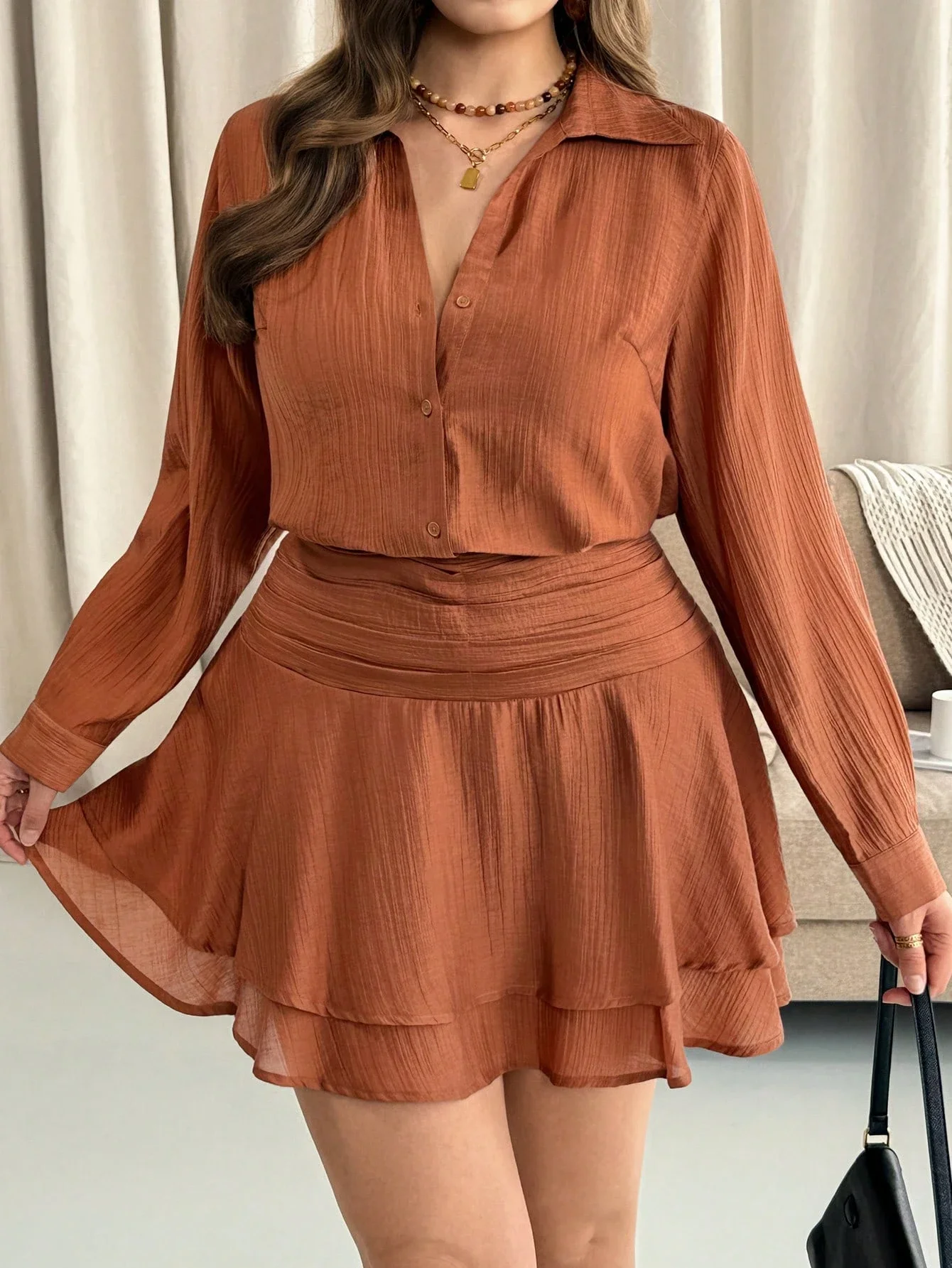 

Women's Rust Brown Solid Color Long Sleeve Shirt And Pleated Skirt Two Piece Set Casual
