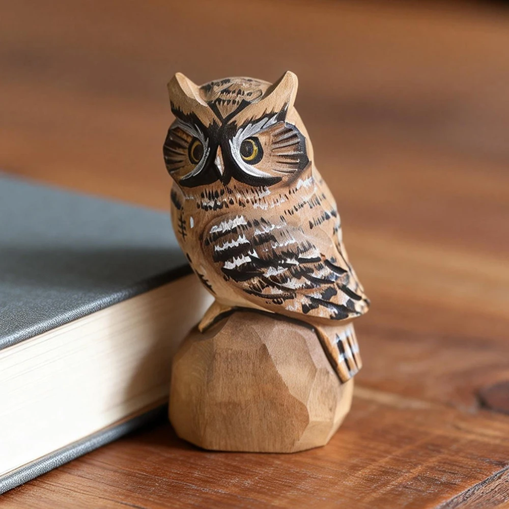 Hand Carved Wooden Owl Figurine Statue Ornaments Snowy Owl Animal Craft Home Desktop Accessories Decor Home Decoration Gift