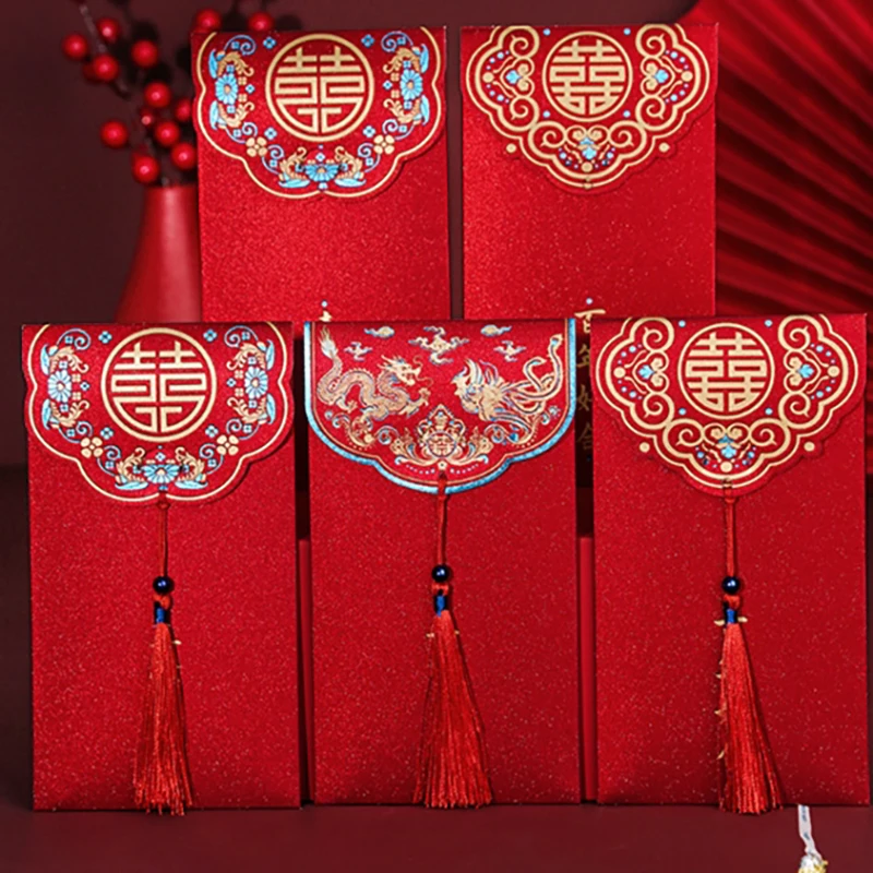 10 pçs tradicional chinês casamento envelope vermelho com borla pacotes de dinheiro da sorte bênção pacote vermelho hongbao presentes de casamento