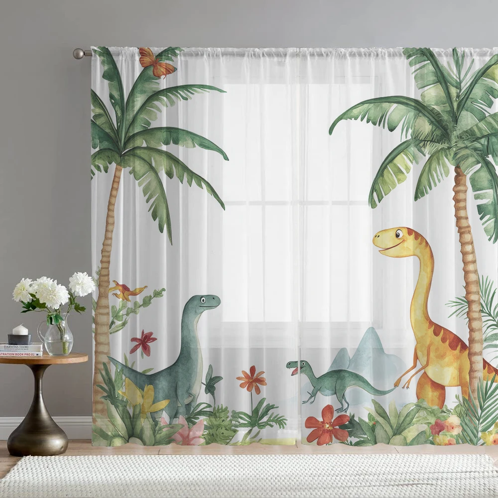 2Pcs Cartoon Dinosaur And Coconut Tree Print Home Decoration Window Screens Suitable For Coffee Shops, Restaurants, Bedrooms