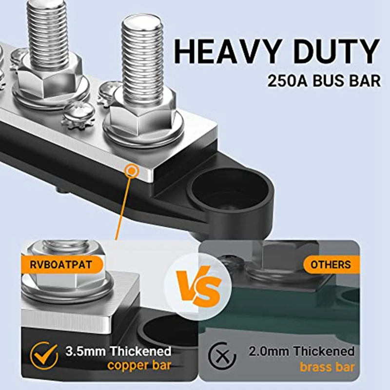 2 PCS 250A 12V Bus Bar Battery Power Distribution Block Plastic+Metal 4 X 3/8Inch Posts 6 X 8 Screws Car Audio 12 Volt DC Busbar