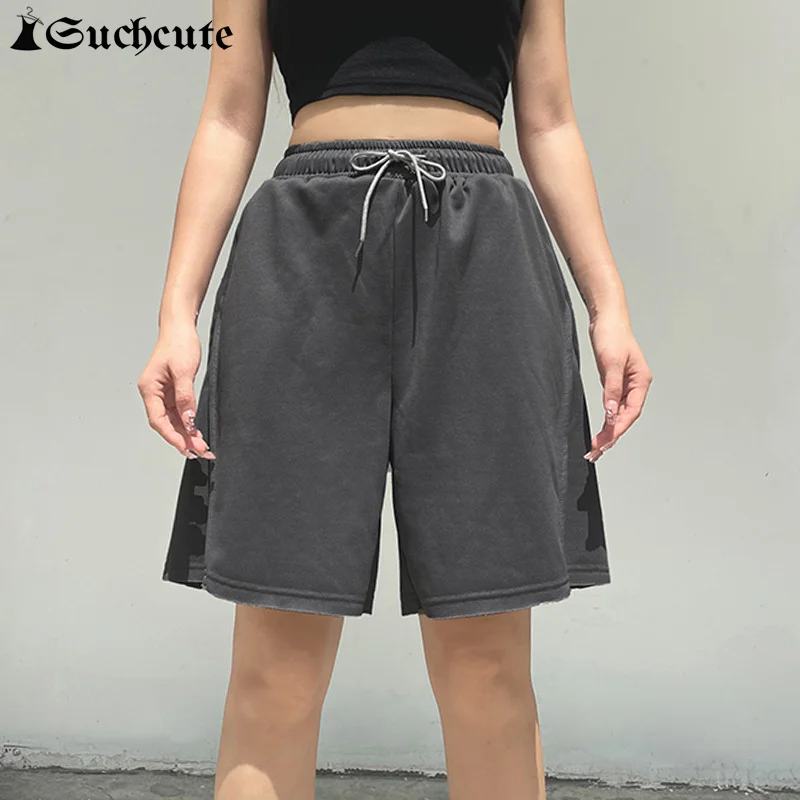 

SUCHCUTE Sporty Casual Solid Gray Baggy Shorts Women Harajuku Elastic High Waist Lace Up Midi Short Pants With pocket Streetwear