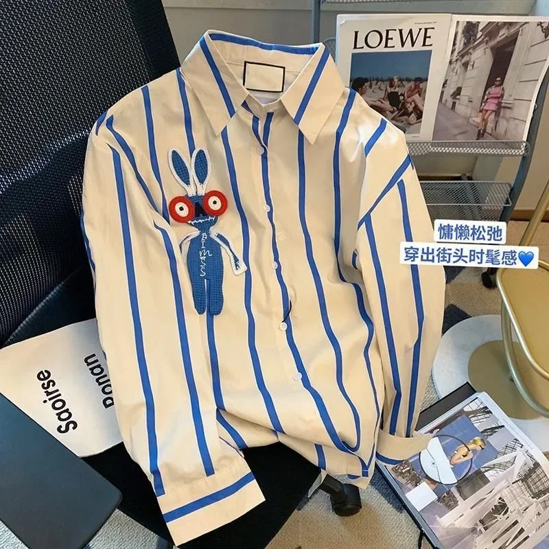 2024 Chiffon Women\'s Blue Striped Shirt with Rabbit Embroidery Designer Casual Blouse Long Sleeve Spring Top