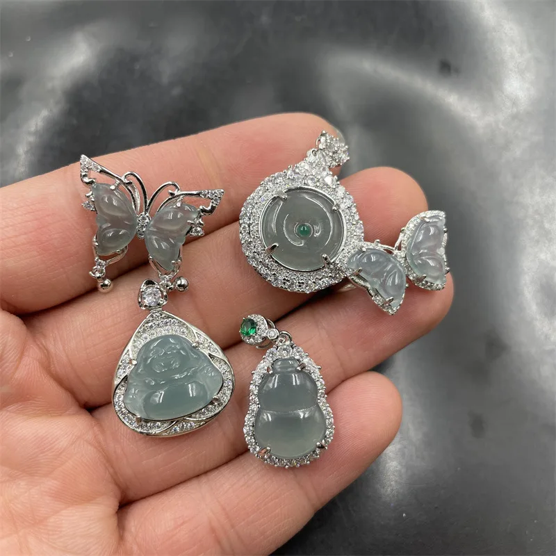 Inlaid A- Level Blue Jade Pendant Gourd Peace Little Buddha Clavicle Chain