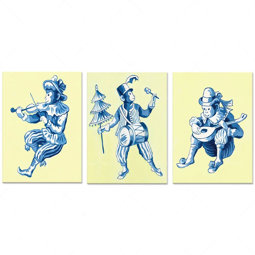 Blue and white chinoiserie monkey and musical instrument poster, chinoiserie art canvas print gift