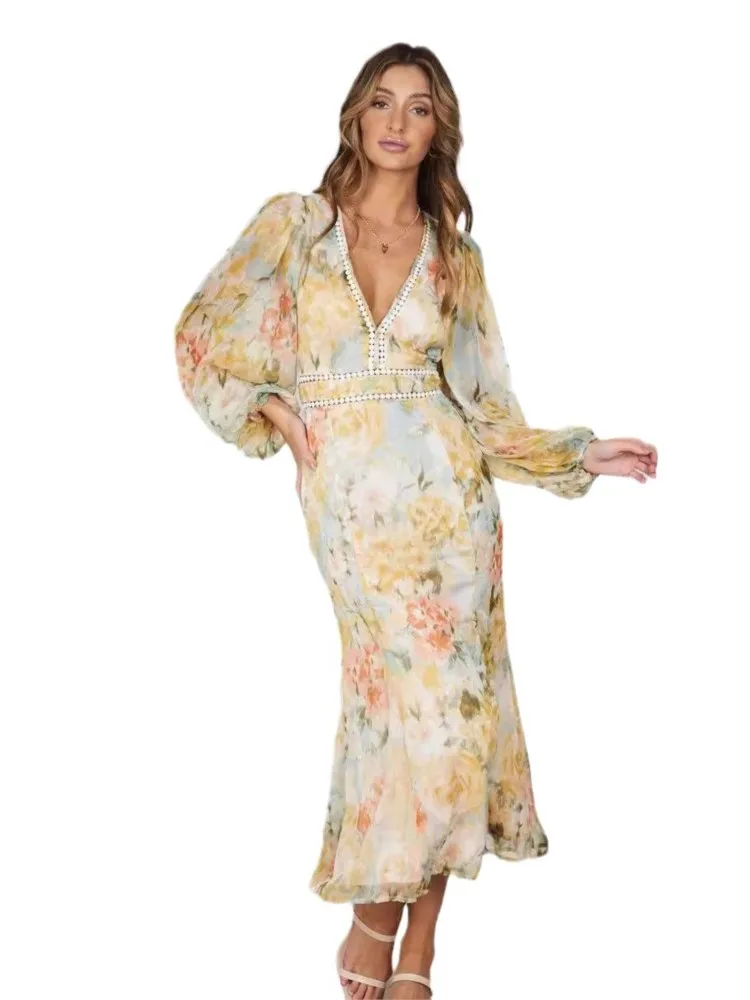 Women\'s Long Printed Dress New Fashion Elegant Casual V Neck Long Sleeve Bodycon Beach Party Dresses Robe Femme Spring Autumn