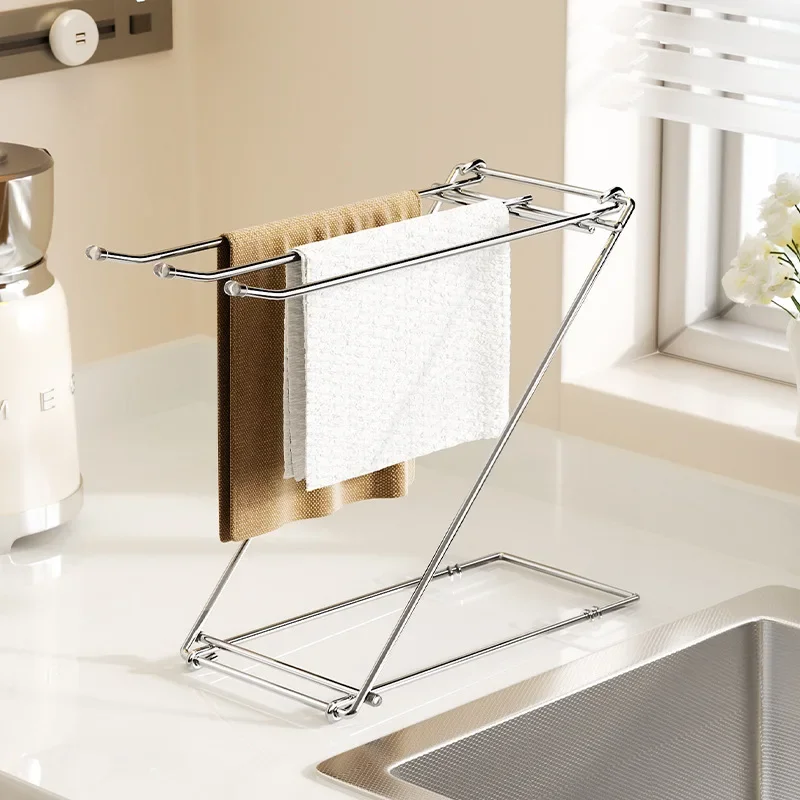 HeMu Foldable Z-shaped Hand Towel Stand, Stainless Steel Countertop Towel Rack for Kitchen Sink, Bathroom & Vanity Organization