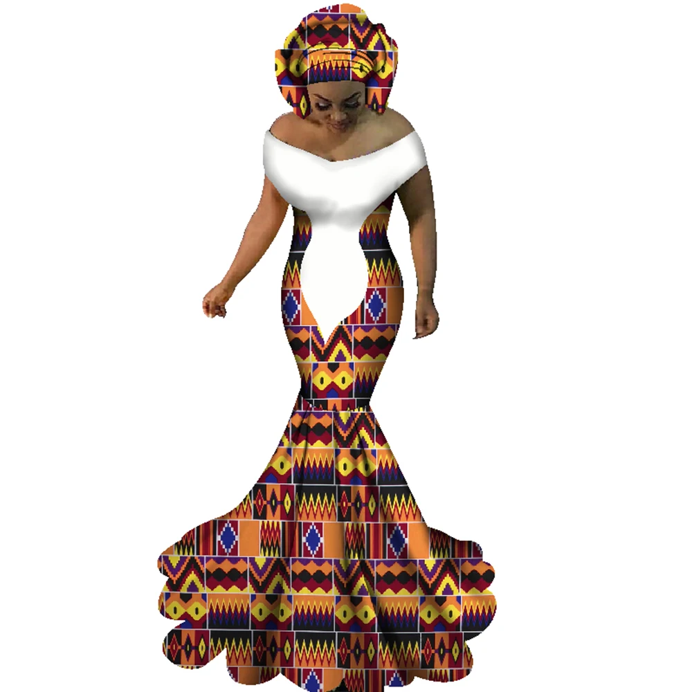 

BRW African Dresses for Women Sexy Slash Neck Long Dresses Bazin Riche African Print Mermaid Clothing Plus Size 6XL WY1860