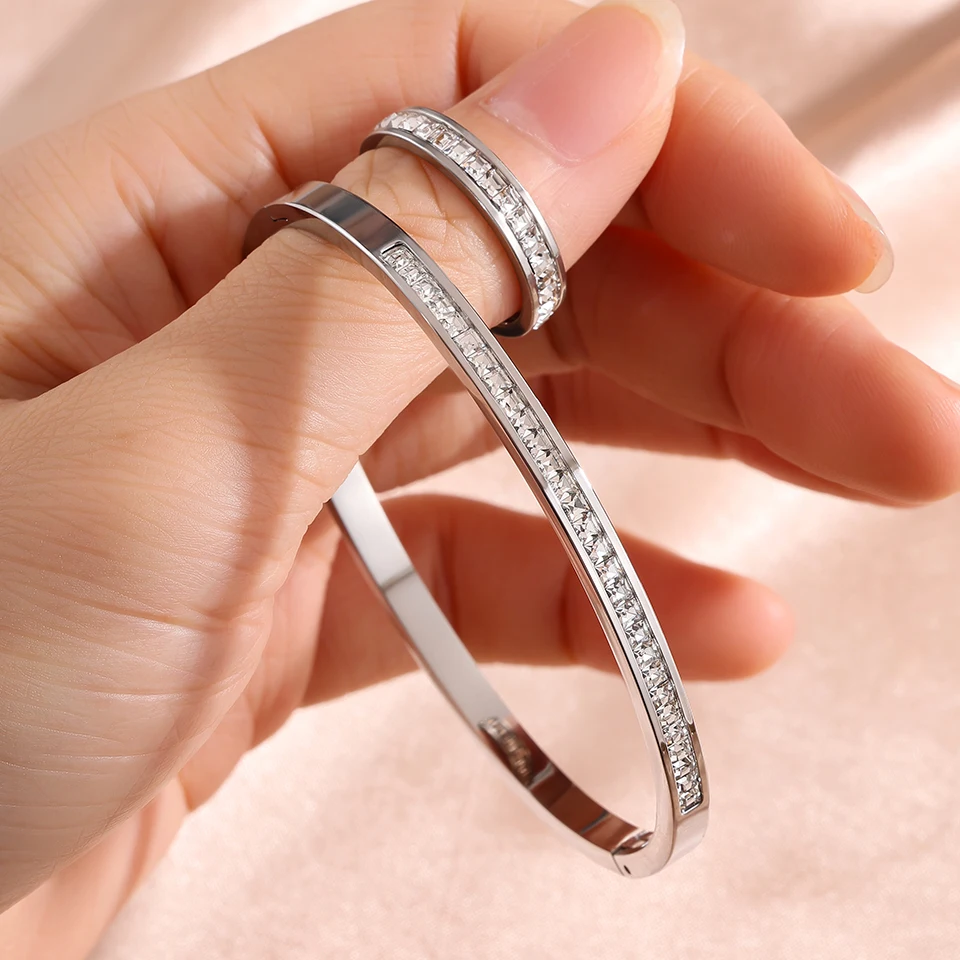 Stainless Steel Bangle Ring Set with Cubic Zirconia for Women