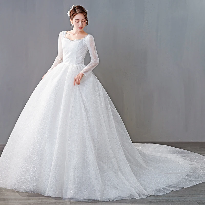 AnXin SH – robe de mariée princesse en dentelle blanche, vintage, tenue de bal avec perles, à manches longues