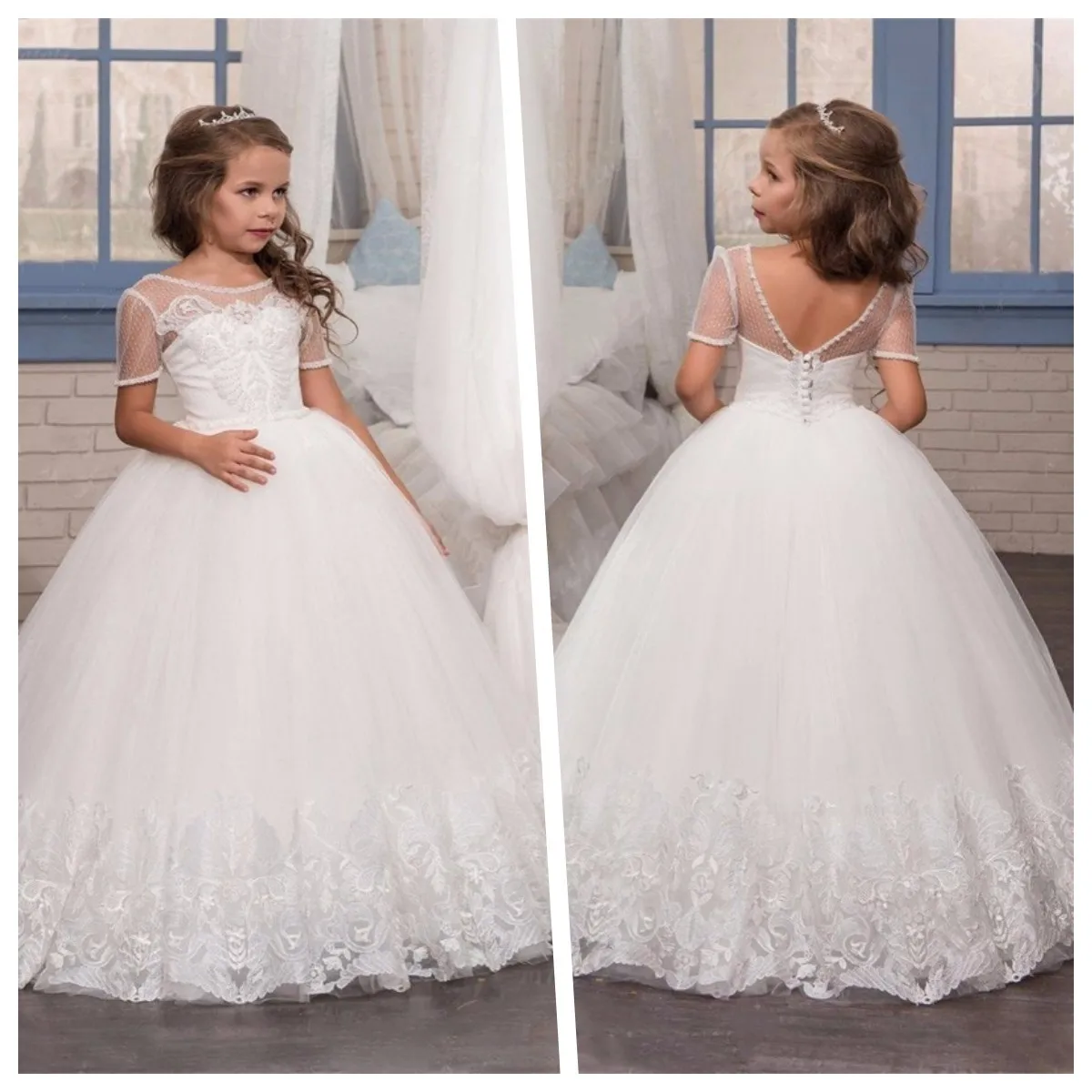 CustomizedFlower Girls Dresses For Wedding Lace Embroidered  Appliques Short Sleeve Ball Gowns Custom Holy First Communion Flowe