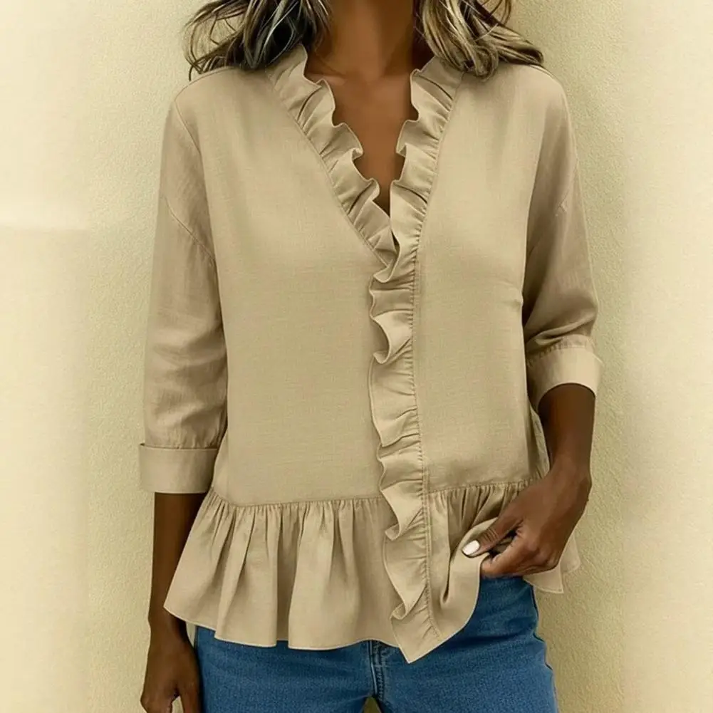 

Women Ruffle Trim Shirt Stand Collar Mid-Length Long Sleeve Breathable Tops Pure Color Loose Fit Ruffle Trim Shirt Ruffle Blouse