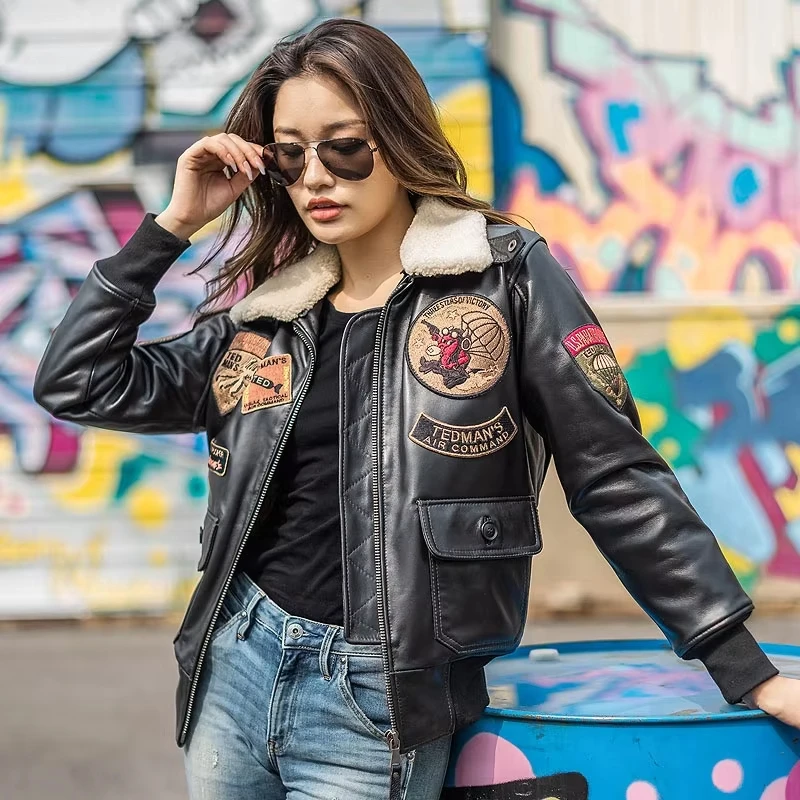Women's  Air Commander Real Shearling Collar Vintage Patch Embellished Genuine Sheepskin Slim Fit Cropped Bomber Jacket