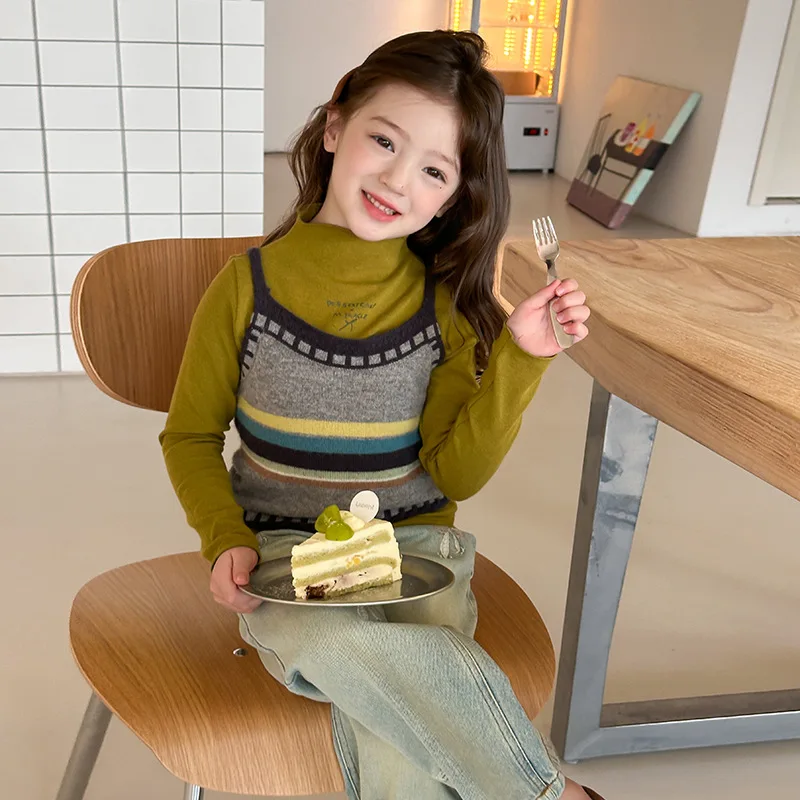 

Модный многослойный и контрастный цветной жилет для девочек, детский индивидуальный вязаный топ-бретелька в этническом стиле