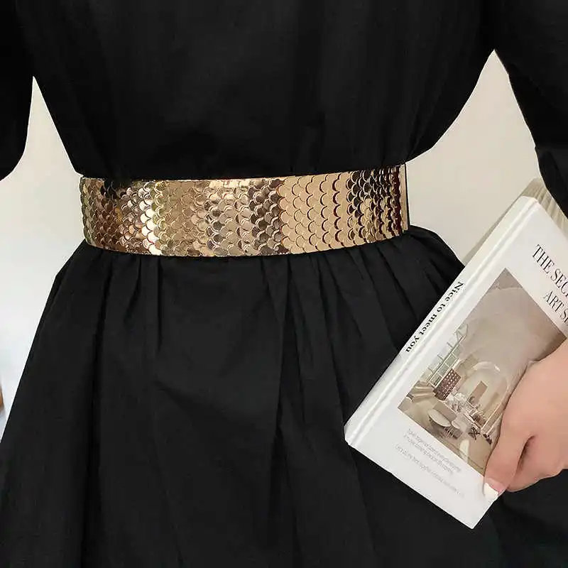 Women's wide version summer versatile decorative Western suit skirt belt new style elastic black holeless leather belt