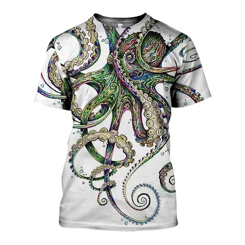 Fashionable Octopus Pictures For Men\'s T-Shirts Trend Digital Printing Casual Round Neck Short Sleeved Tops