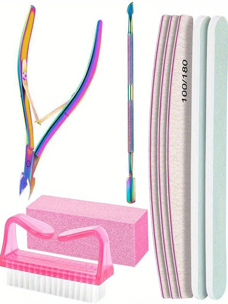 9 sztuk/partia Zestaw do manicure: pilniki profesjonalne 100/180, gąbka polerska, pędzel, nożyczki do paznokci, obcinacz do skórek, popychacze do skórek.