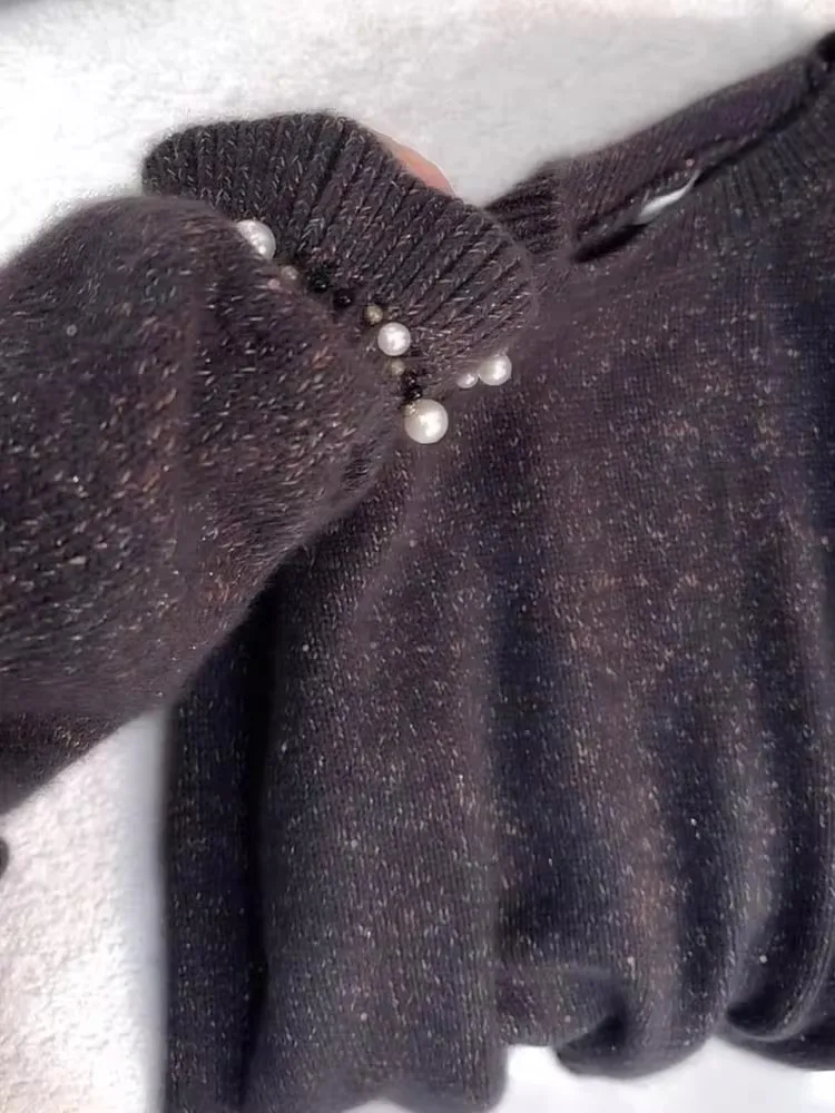 Korean Sle round Ne Beaded Knitted Sweater Women's Autumn High-End Sensation New Faion Casual Versatile Long Sve Top