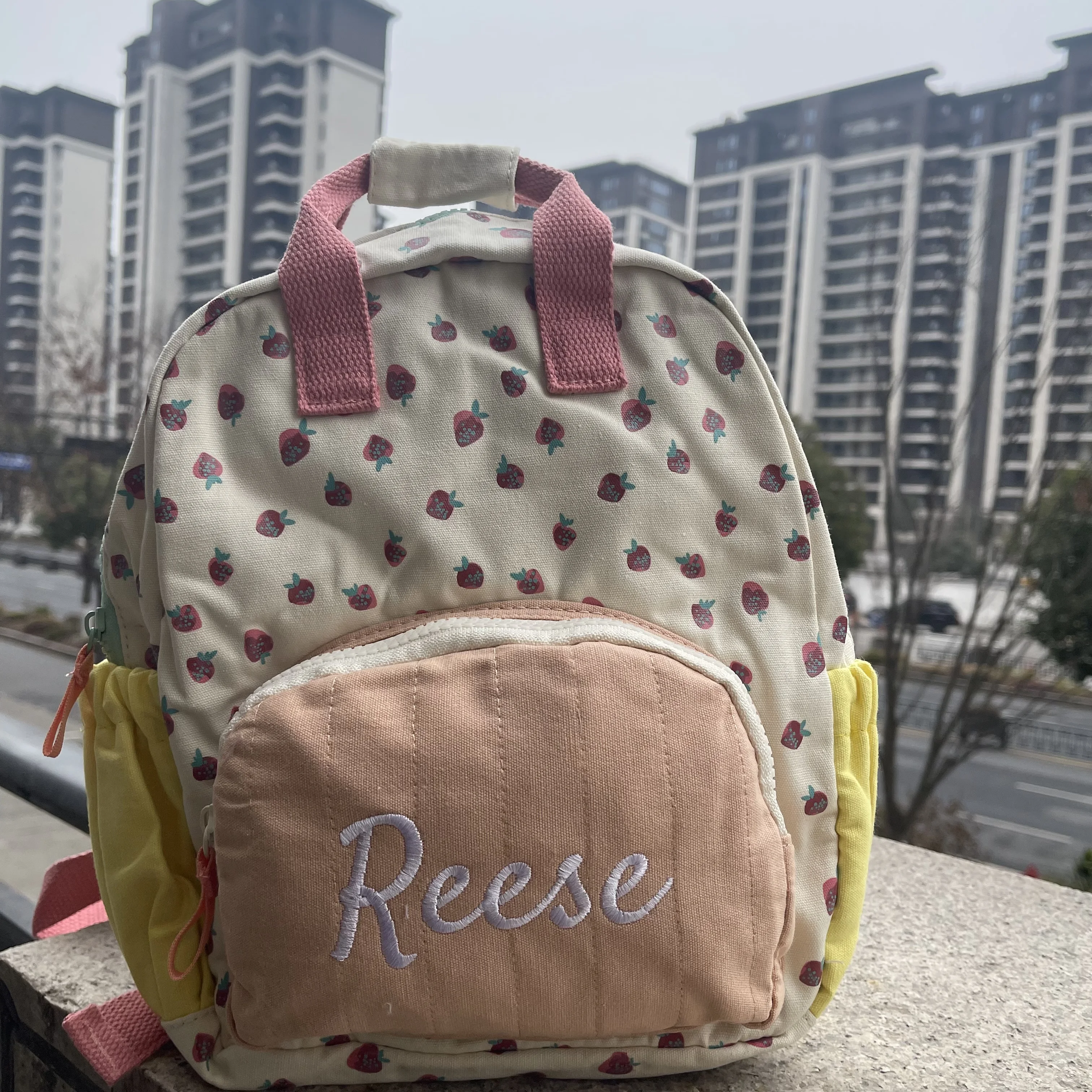 Ransel anak-anak imut warna stroberi kanvas katun baru ransel nama pribadi tas sekolah perempuan travel luar ruangan