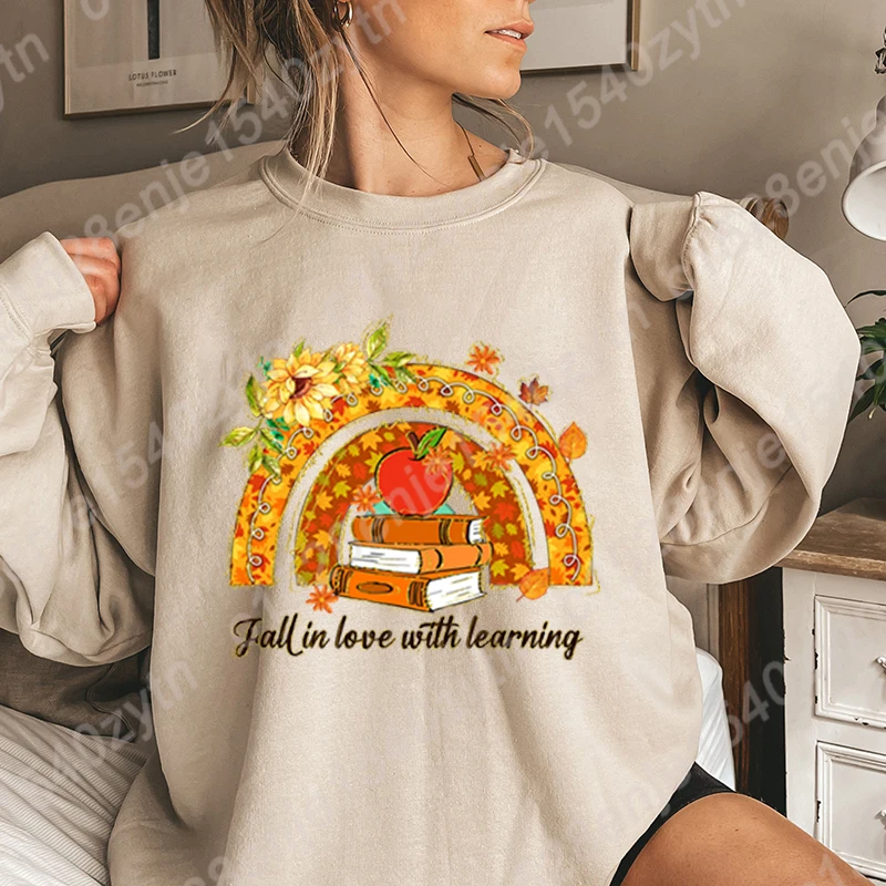 Rainbow Book Fall In Love With Learning Print Hoodless Sweatshirts Women Creative Personalized Sweatshirt Autumn Winter Pullover