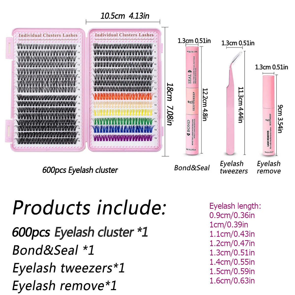 600pcs Colorful Cluster Lashes Eyelash Extension Kit, 9-16mm mix Individual Lash with Bond & Seal, Eyelashes Remover,Tweezers