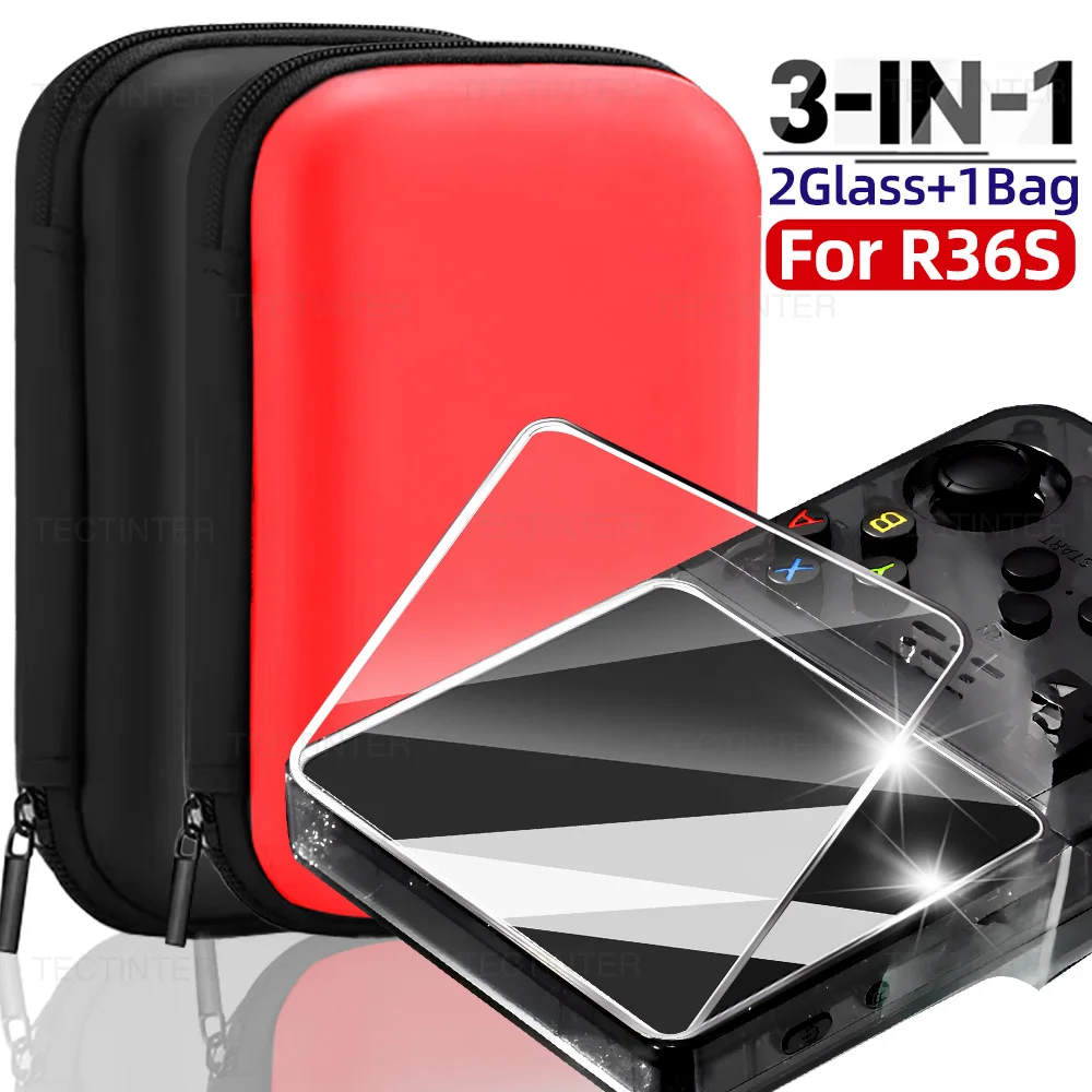 الزجاج المقسى فيلم + حقيبة ل R36S/R35S/RGB20S وحدة تحكم بجهاز لعب محمول واقي للشاشة غطاء الفيلم لملحقات R35S/RGB20S