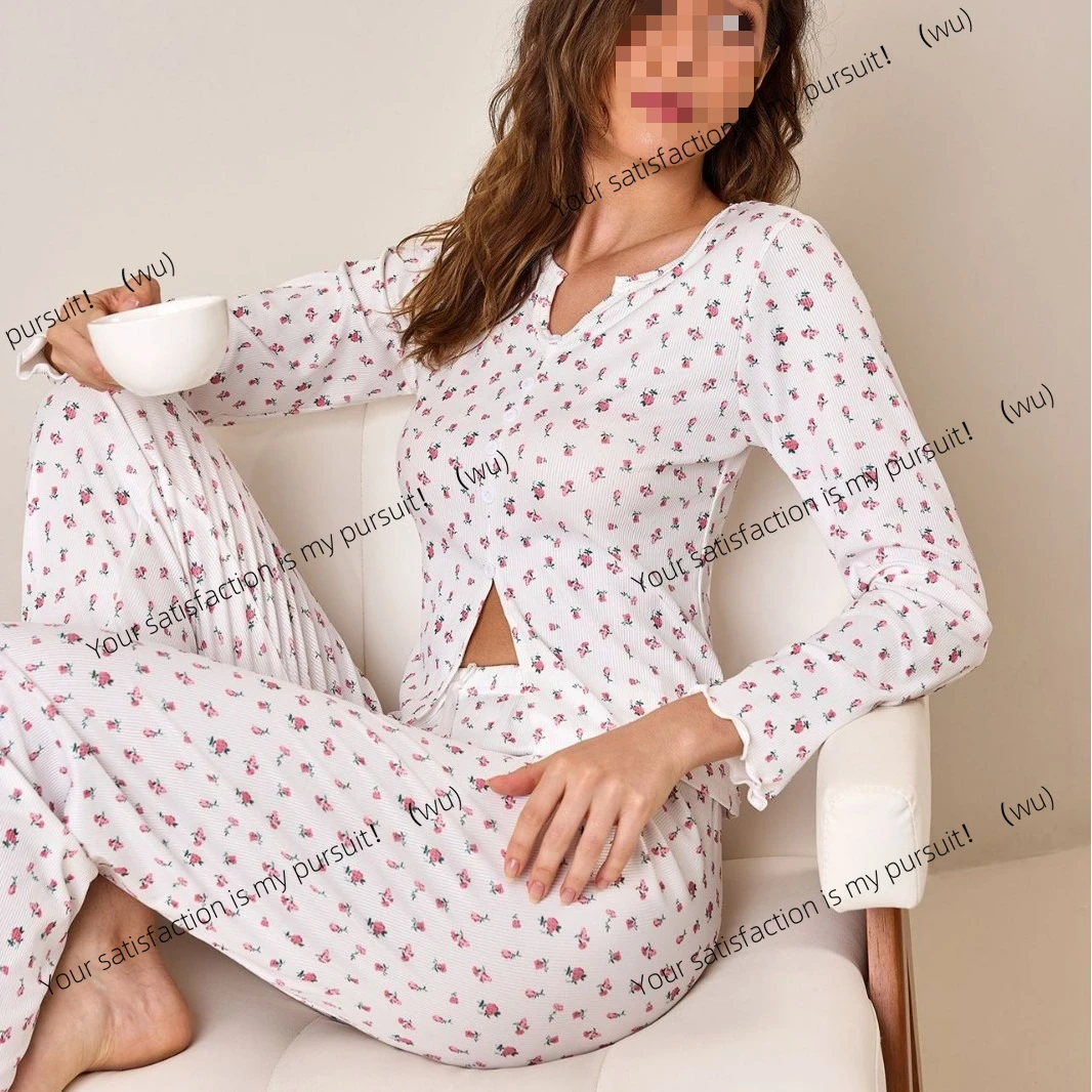 Nuevo Cárdigan europeo y americano, pijamas de manga larga con cuello en V, ropa de descanso rizada floral, traje para mujer