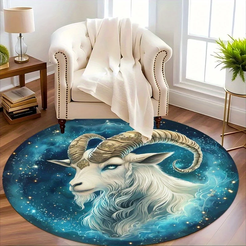1pc Mystical Capricorn Zodiac Round Floor Mat - Non-Slip Machine Washable Mat with Goat Head & Starry Night Design, Deep Blue