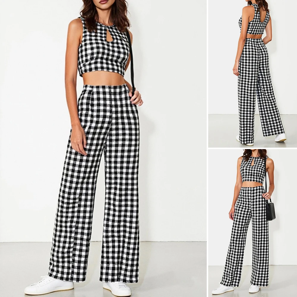 

Mia Muse Boutique Модные комплекты Клетчатые майки без рукавов с круглым вырезом Полная длина с высокой талией Прямые брюки Рабочие комплекты