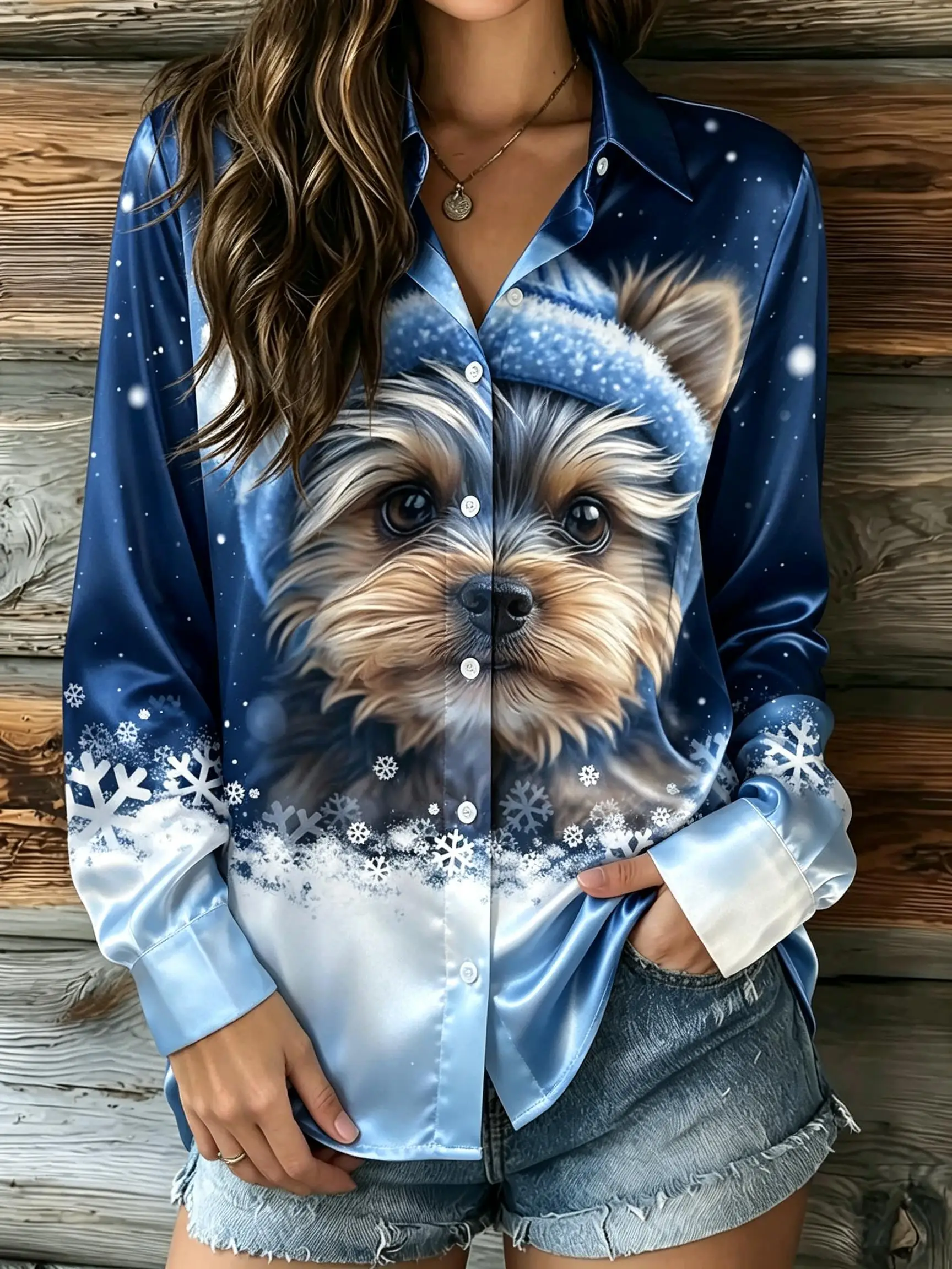Women Lapel Collar Long Sleeve Shirt Winter Cute Pet Animal Snowflake Print Blouse Holiday Button‑down Top