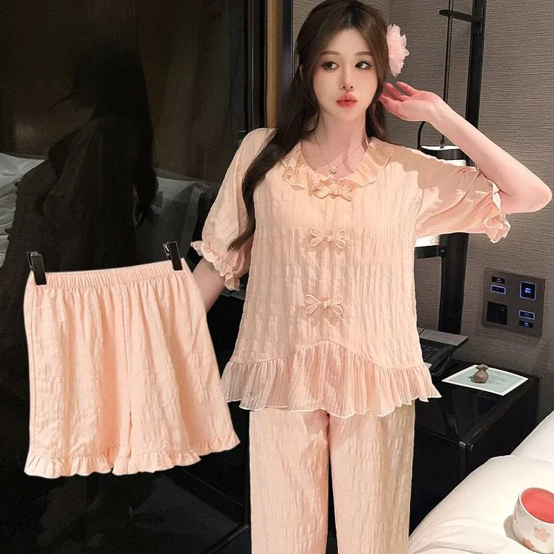 

Pajama Women Summer Nightgown Three-piece Homedress Tray Button Woven Sleepwear Palace Style Trousers Short-sleeved Luxury Suit