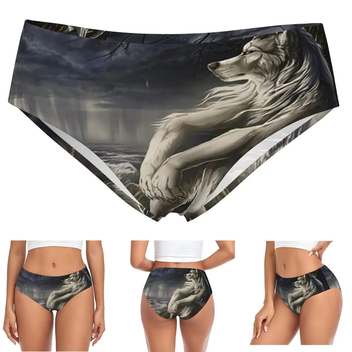 Custom Emo White Wolf Sitting Sad Meme Panties Briefs Women's Comfort Briefs Underwear Breathable Female Underpants
