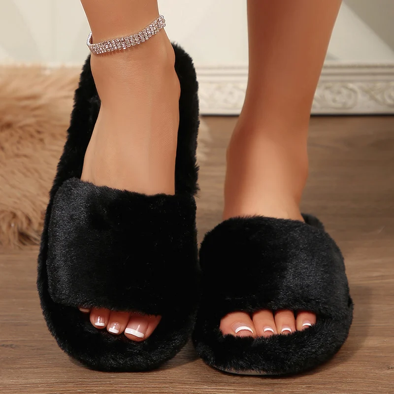 

Cozy Faux Fur Warm Cotton Slippers Women Fluffy Soft Bottom Indoor Home Plush Slippers Woman Open Toe Flat Heel House Shoes Lady