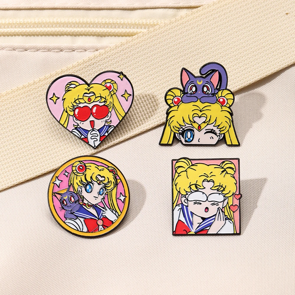 4 Pcs Sailor Moon Heart Shape Enamel Pins Cartoon Brooch Creativity Metal Badges for Backpack Clothing Jewelry Holiday Gift